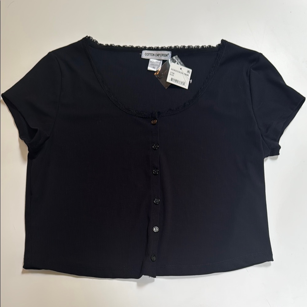Cotton Emporium Ribbed Button Front Top NWT XL Black